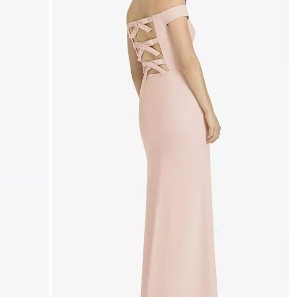 Dessy Collection Off the Shoulder Pale Pink Bow Bridesmaid Full Length Dress 8 - Picture 2 of 5